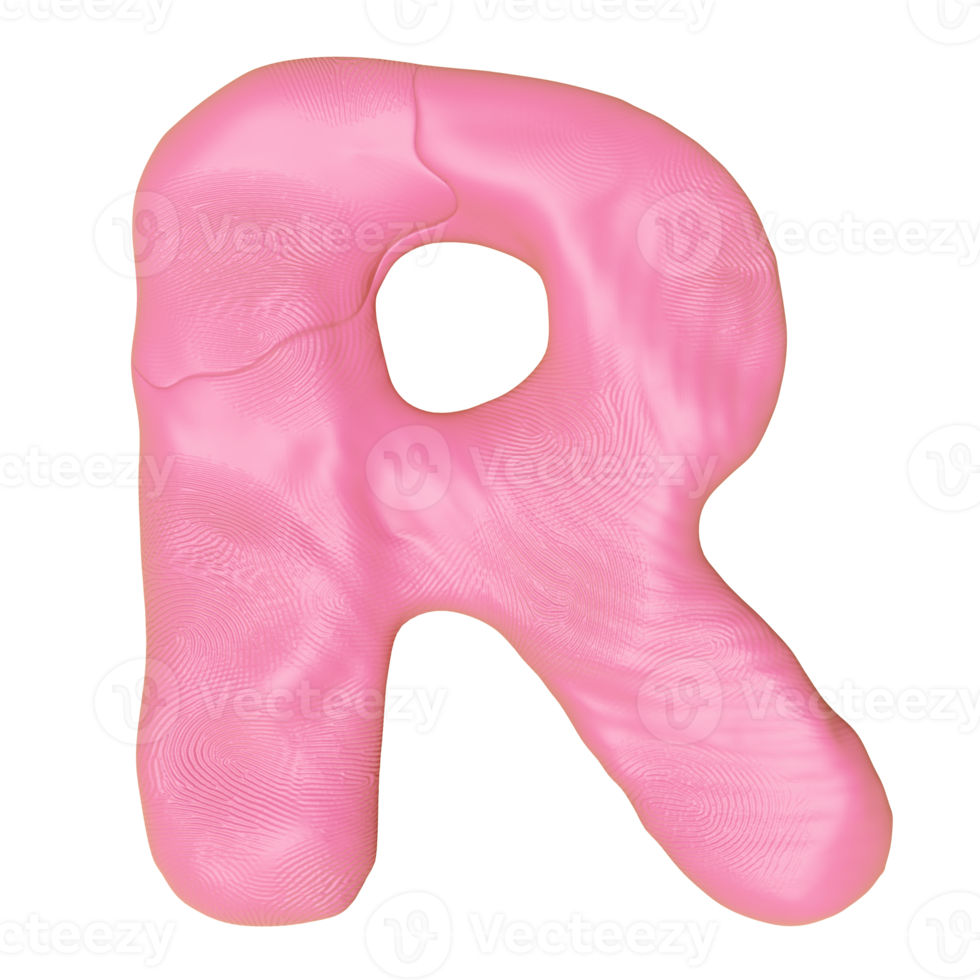 R letter logo design from plasticine isolated. pink R clay toy icon template elements concept, 3d illustration render png