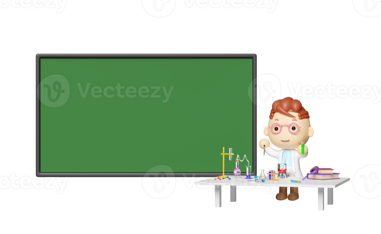 3d green blackboard with cartoon boy, beaker, test tube, science experiment kit, space isolated. room online innovative education concept, 3d render illustration png