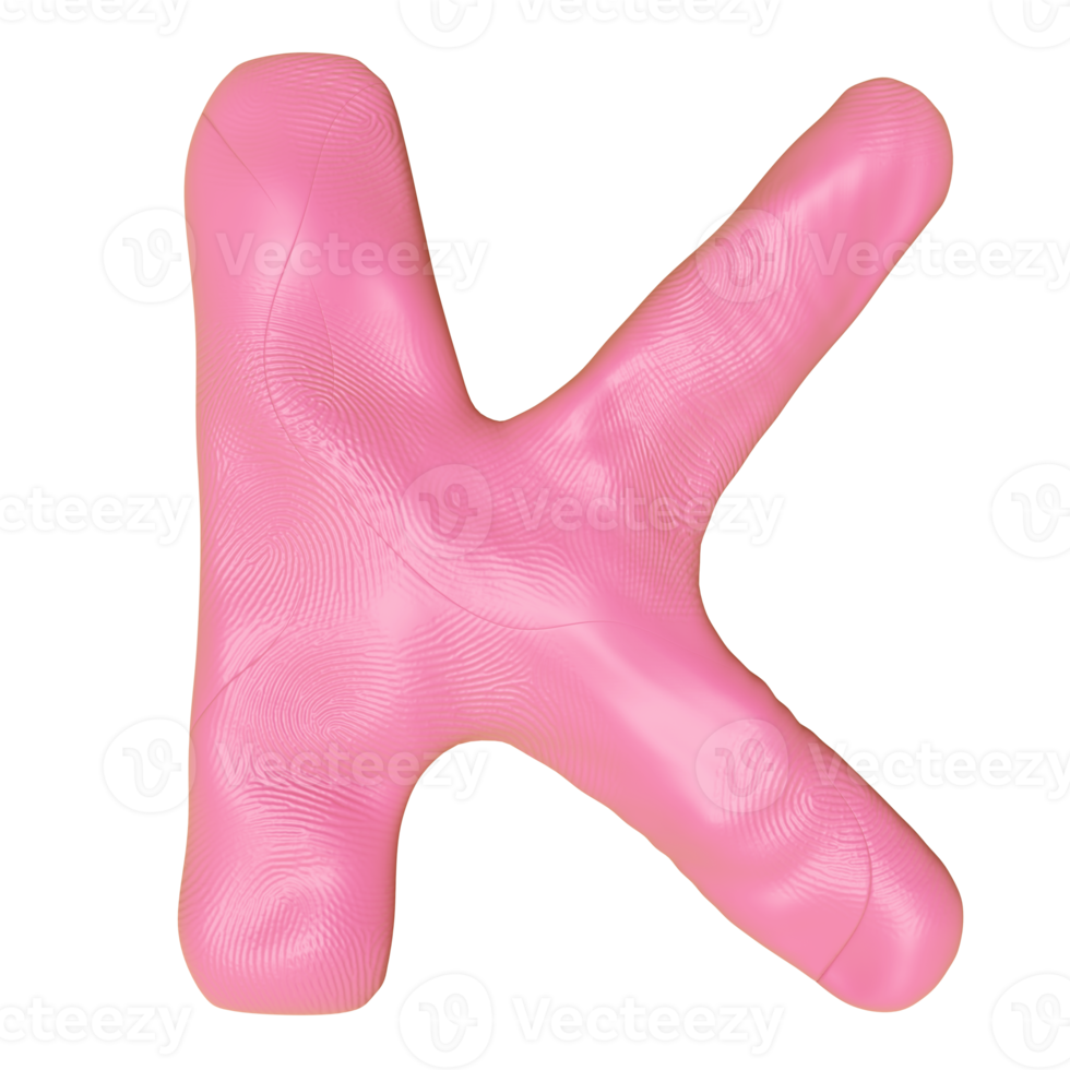 K letter logo design from plasticine isolated. pink K clay toy icon template elements concept, 3d illustration render png