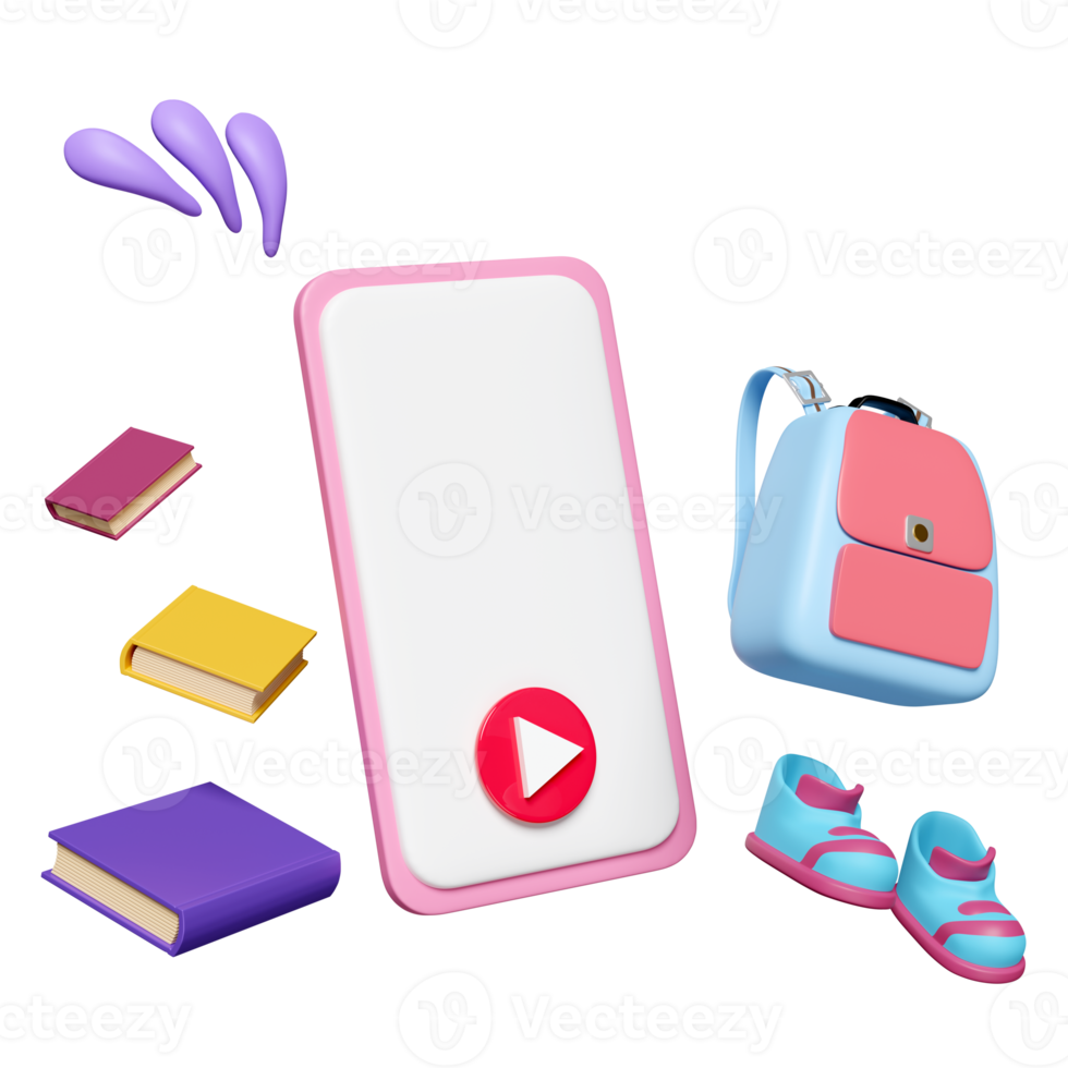 3d smartphone with book, backpack, textbook, sneakers, shoes, school bag icon isolated. education, learn online, back to school concept, 3d render illustration png