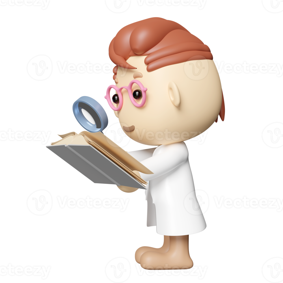 3d cartoon boy character hand hold open book with magnifying glass icon isolated. studying, researching concept, 3d render illustration png