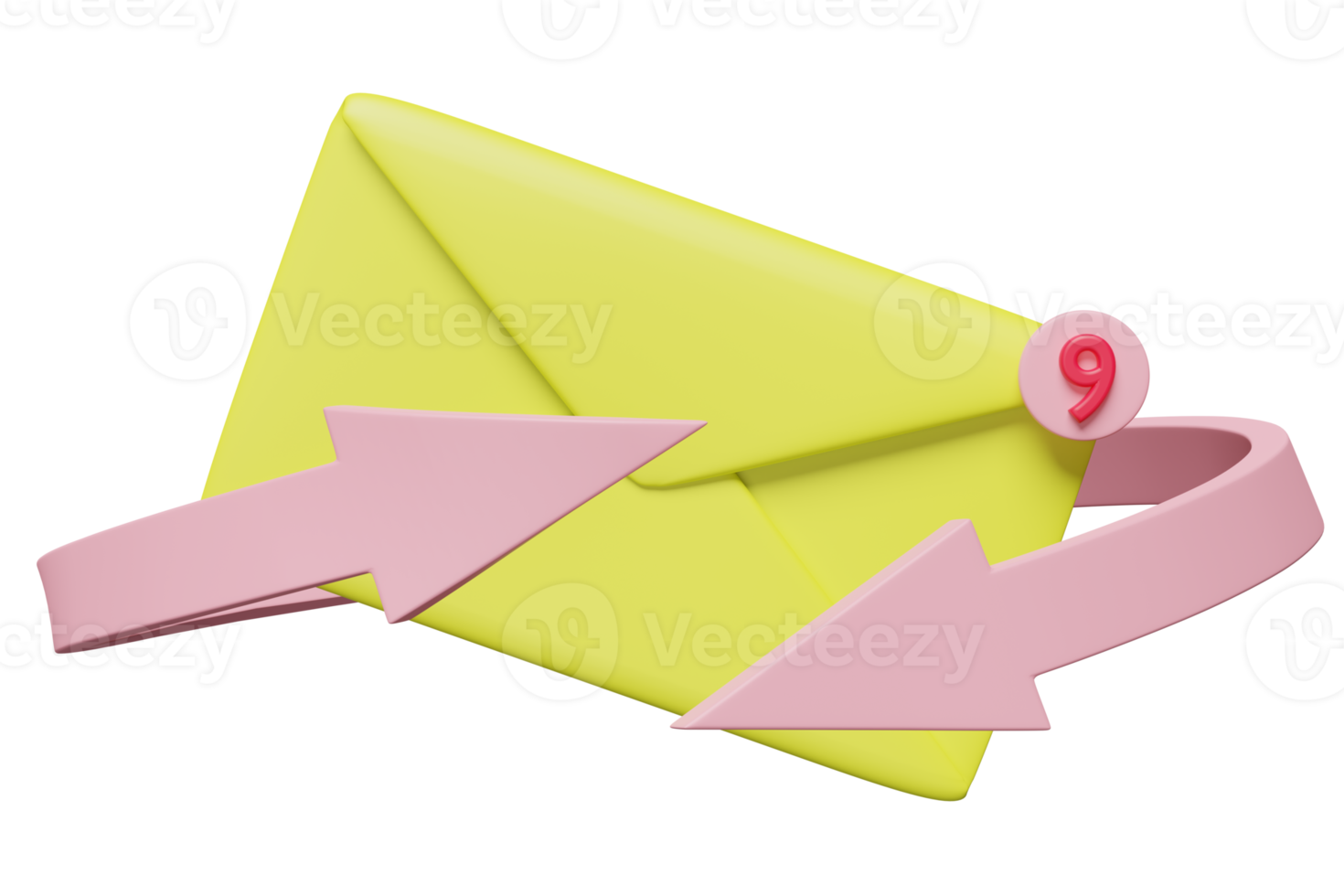 3d yellow envelope, letter with notification message, arrow isolated. minimal notify newsletter, online incoming email,  email circular concept, 3d render illustration png