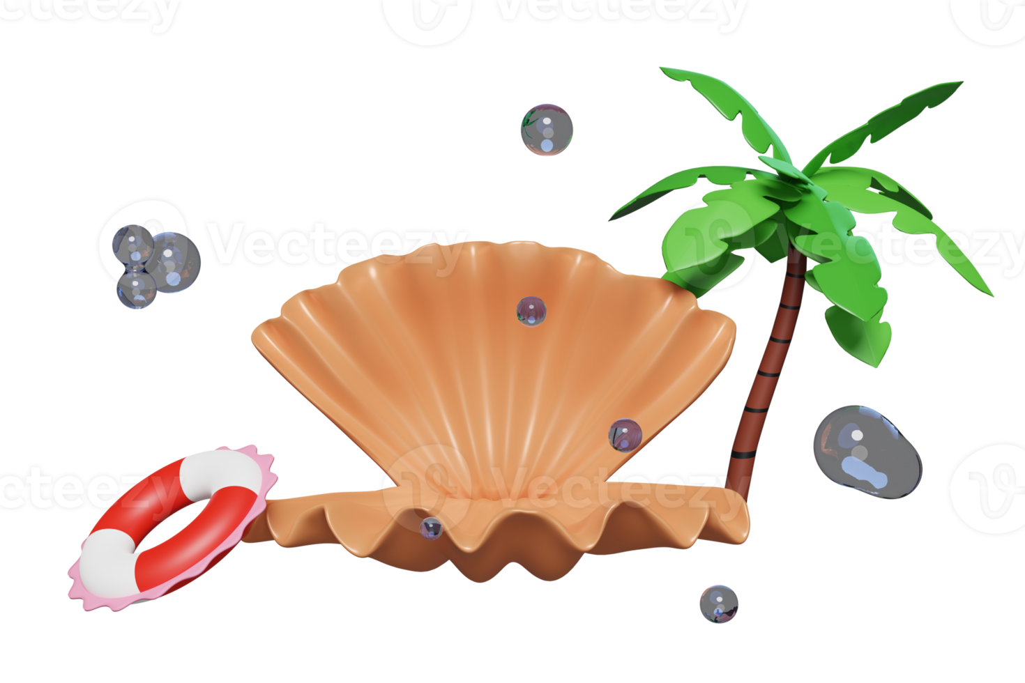 3d shellfish with lifebuoy, palm tree, water splash isolated. modern stage display, summer travel concept, 3d render illustration png