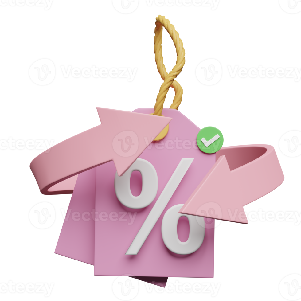 icône de vente à prix réduit 3d pour les achats en ligne avec coupon d'étiquettes de prix, flèches de transfert isolées. bonus de promotion marketing, concept de remboursement d'argent cashback, illustration de rendu 3d png