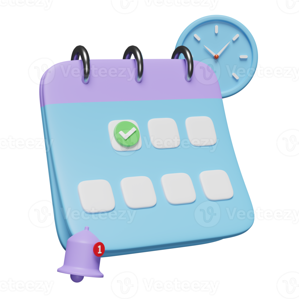 3d kalender med klocka, bock ikoner, markant datum, underrättelse klocka isolerat. schema utnämning begrepp, 3d framställa illustration png