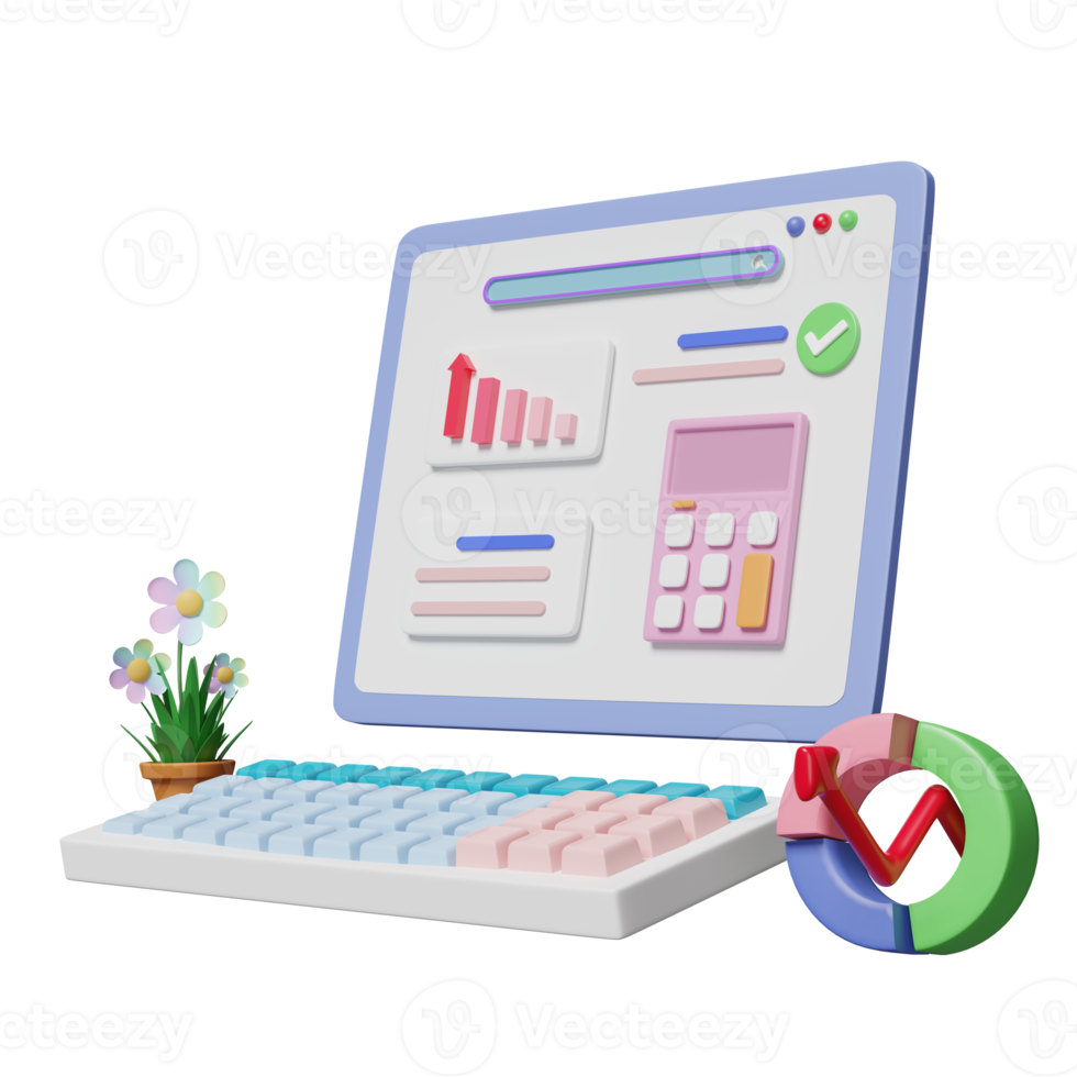 3d financial report charts and graph on laptop screen with search bar, calculator isolated. Online marketing, business strategy, data analysis, concept, 3d render illustration png