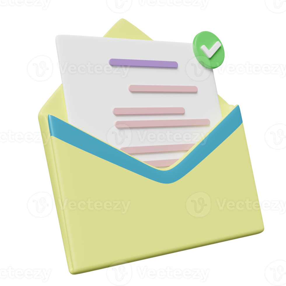 3d yellow open envelope, letter icon with notification message, checkmark isolated. minimal notify newsletter, online incoming email concept, 3d render illustration png