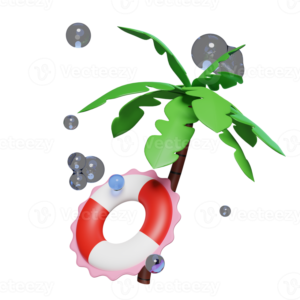 3d rood wit reddingsboei voor water veiligheid, water plons, palm boom geïsoleerd. zomer reizen concept, 3d geven illustratie png