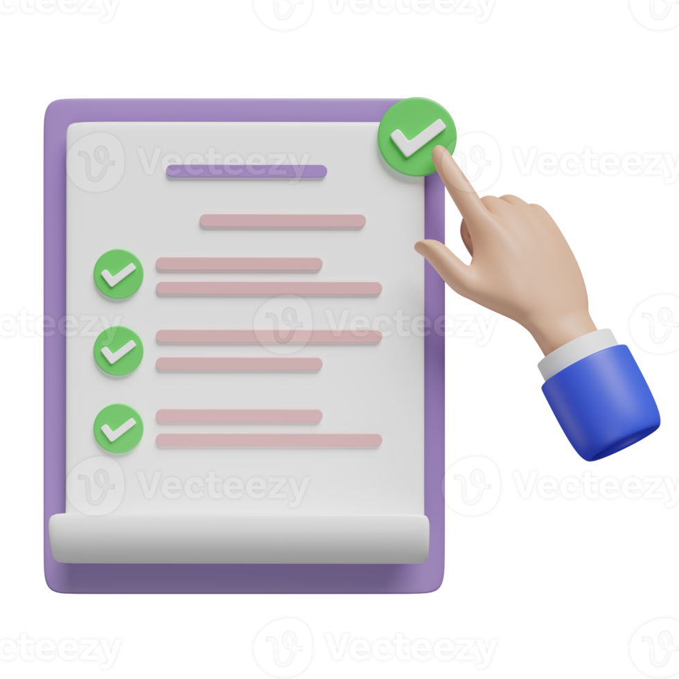 3d viola appunti bianca lista di controllo carta icona con mano puntamento segno di spunta isolato. progetto Piano, attività commerciale strategia, qualità controllo concetto, 3d rendere illustrazione png