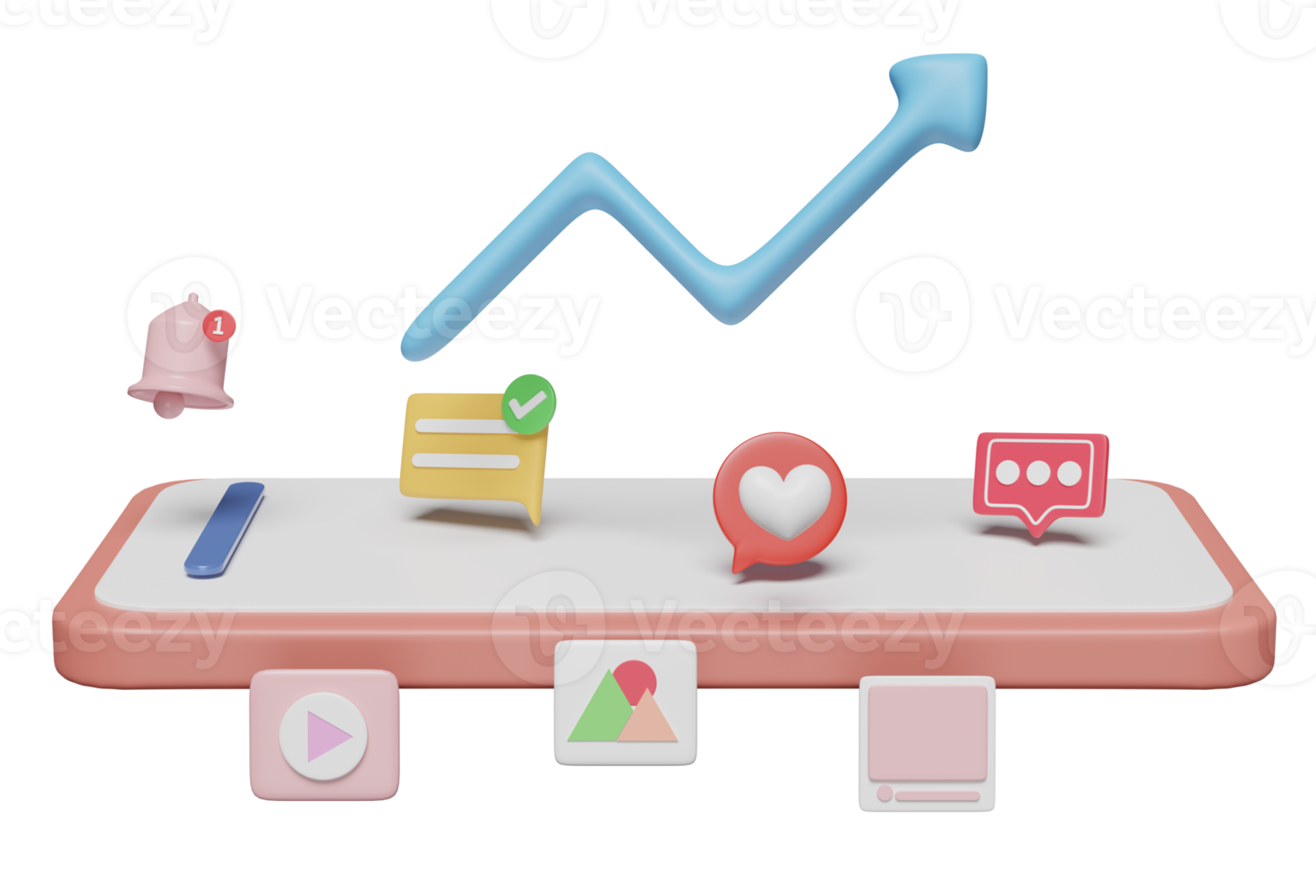3d social media with mobile phone, smartphone icons, arrow graph isolated. online social, communication applications concept, 3d render illustration png