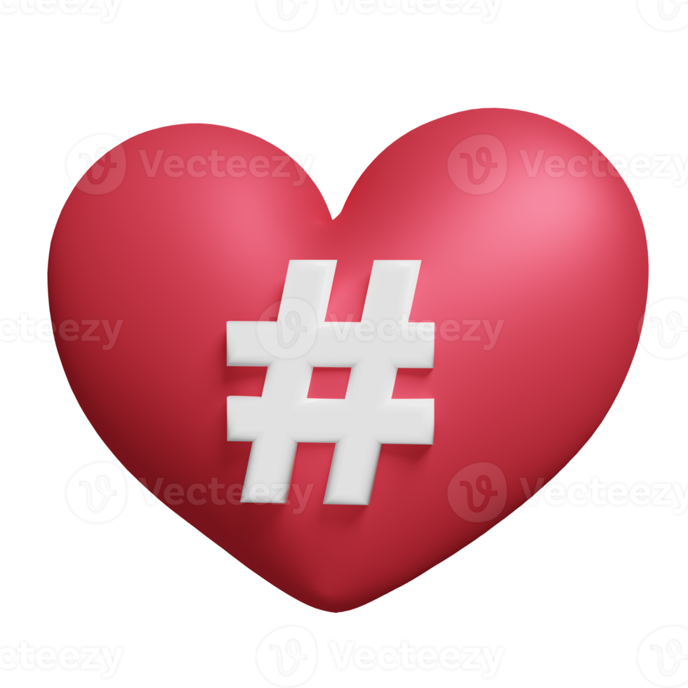 3D red heart with tag search for social media notification icon isolated. minimal design concept, 3d render illustration png