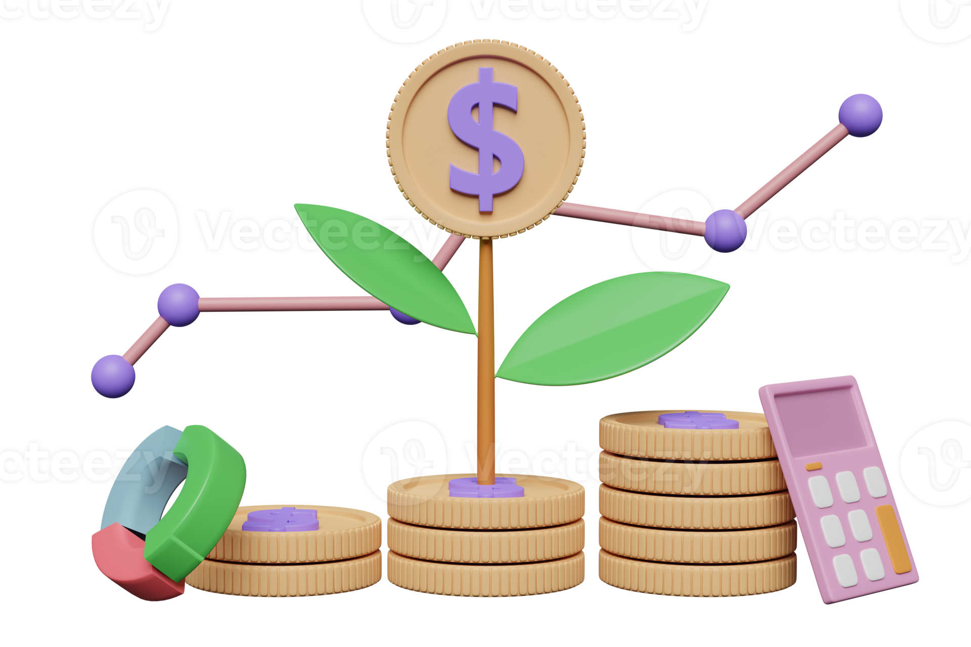 3d pile coins stack with tree, graph, calculator isolated. financial