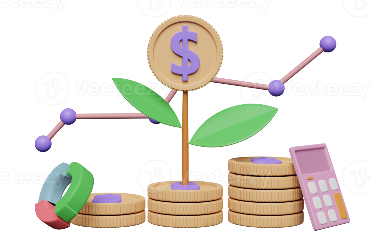 3d lugg mynt stack med träd, Graf, kalkylator isolerat. finansiell Framgång och tillväxt eller sparande pengar begrepp, 3d framställa illustration png