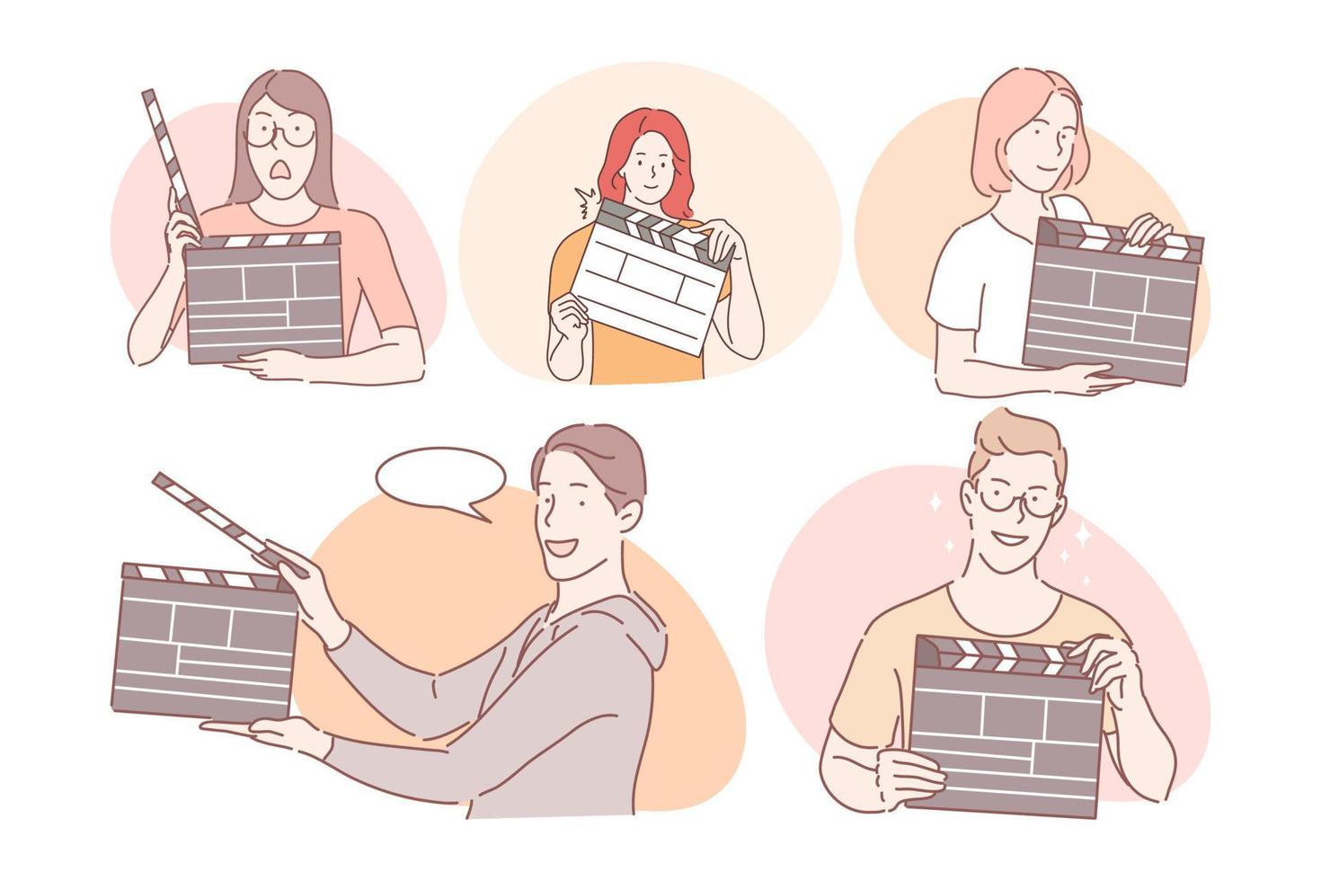 Filmmaking workers with clapperboard concept. Young positive men and women working in cinema production with movie clapperboard and clapping for another take during filmmaking vector illustration