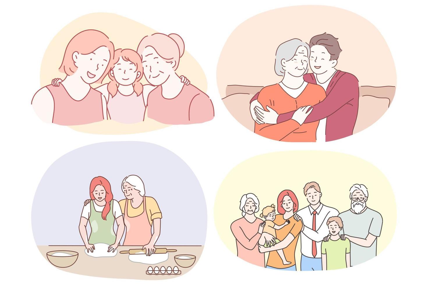 Grandmother and grandchild, happy family with grandparents concept. Happy smiling grandparents helping children in cooking, feeling love from relatives and making family photo together illustration vector