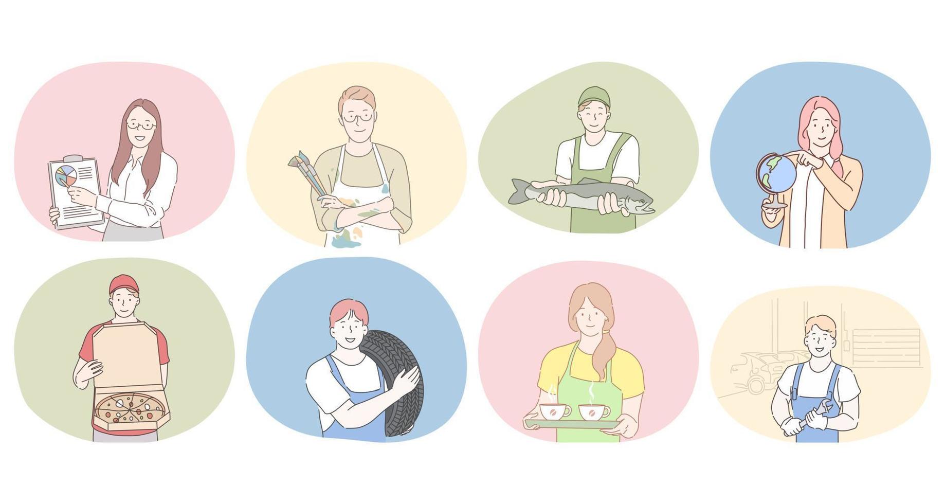 Various professions and occupation concept. People professional marketing specialist, artist, fish seller, geography teacher, pizza delivery man, tire worker, waitress, worker or repairman during work vector