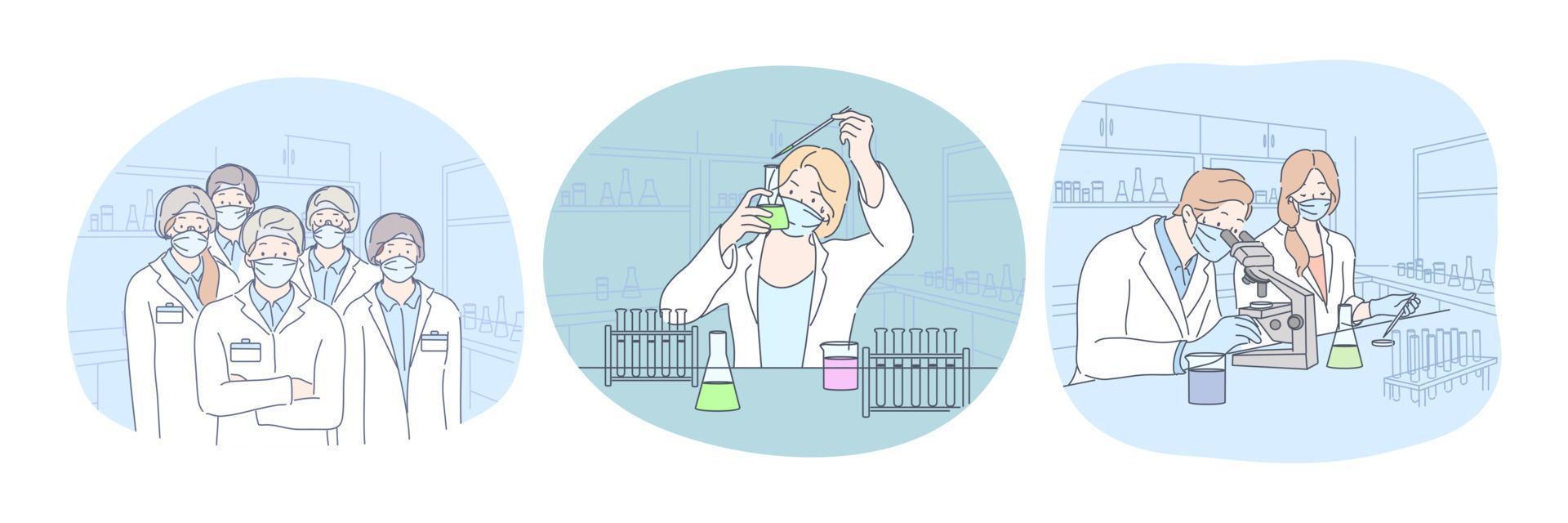 Coronavirus medical research and virus analysis in lab. People scientists in protective medical masks making scientific experiment and investigating microbiology of virus molecules in laboratory vector
