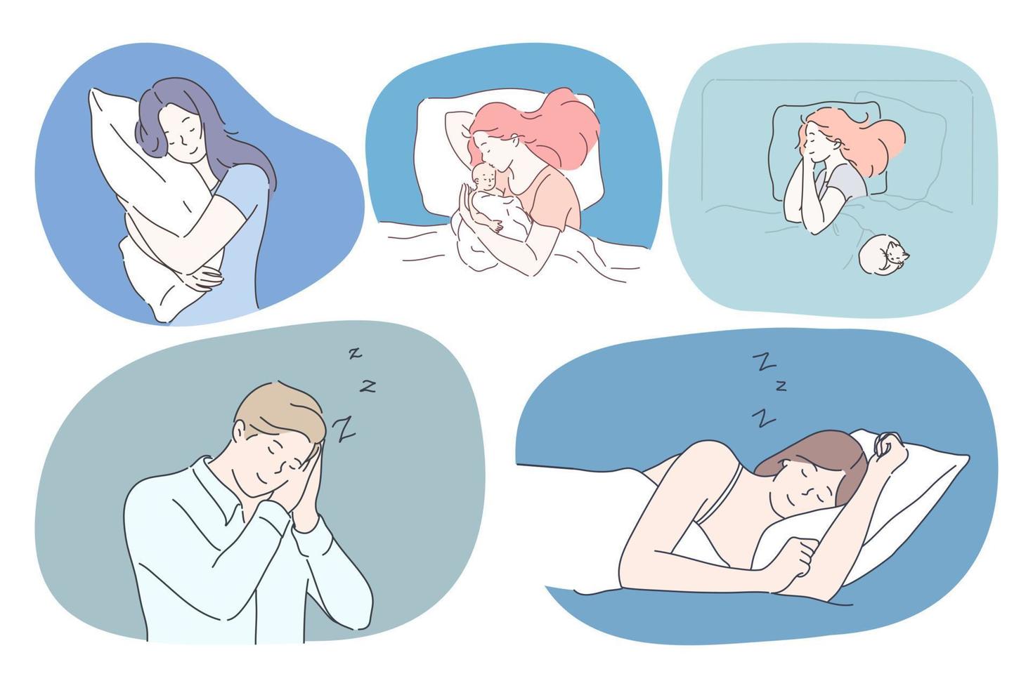 concepto de sueño, relajación y descanso confortable. mujeres jóvenes y hombres solos o con niños tomando una siesta y durmiendo en diferentes poses en camas con almohadas bajo mantas ilustración vectorial vector