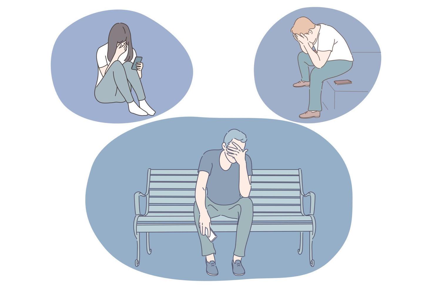 Sadness, stress, loneliness, mental depression, grief, breaking up, quarrel concept. Young people sitting with smartphones, covering face with hands and suffering from deep depression or grief vector