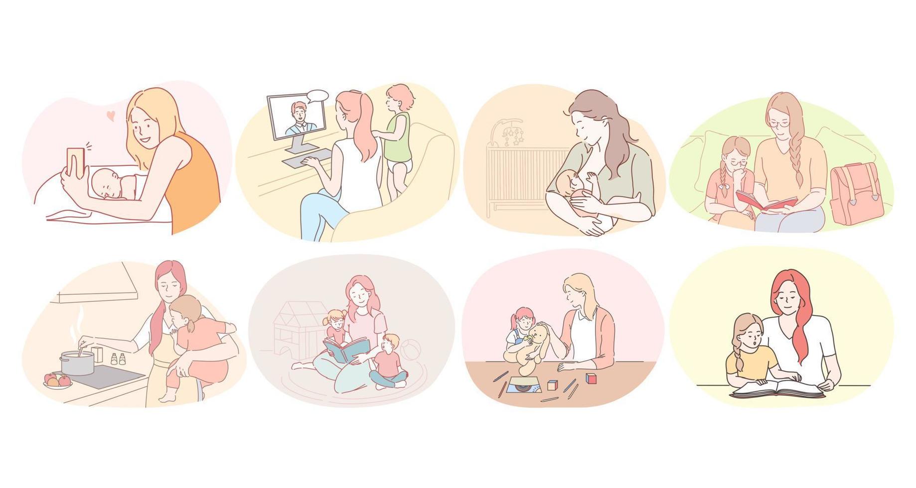 Mother and child, motherhood, home activities with children concept. Young women mothers feeding, playing, chatting online, reading, cooking and making selfie with children at home illustration vector