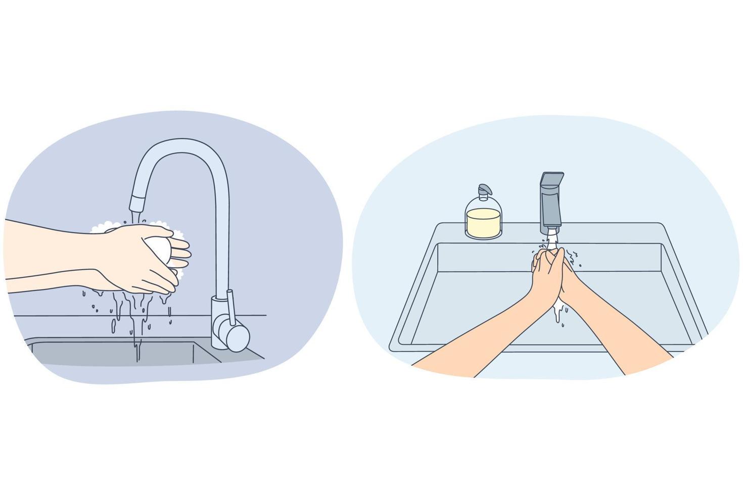 lavado de manos, higiene personal y protección contra el concepto de virus. personas que se lavan las manos correctamente con jabón para el cuidado de la protección en el hogar o en lugares públicos fregaderos ilustración vectorial vector