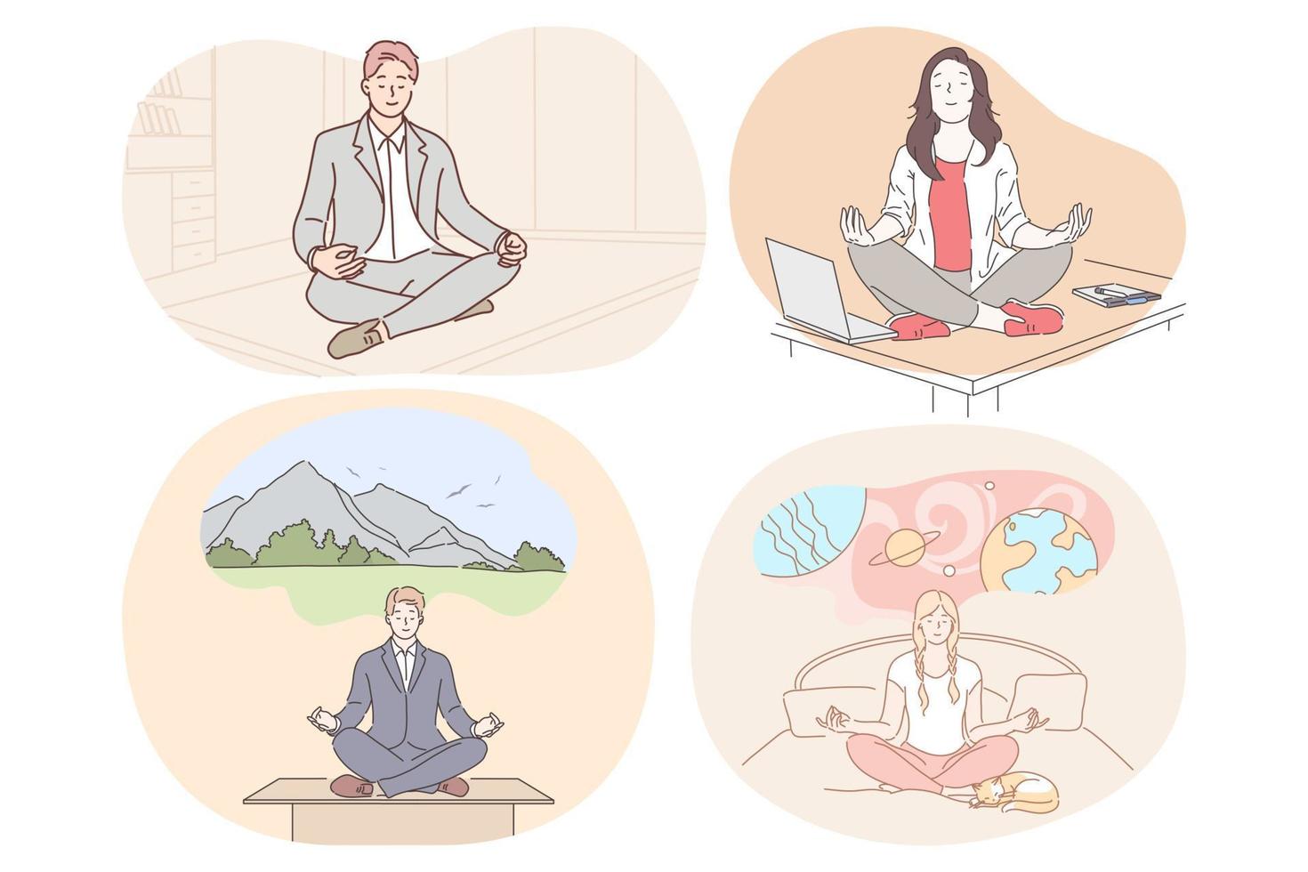 Meditation, relaxation, reaching harmony during working day and before sleep concept. Young men and women meditating and practicing yoga relaxation in lotus position in office and at home in bed vector