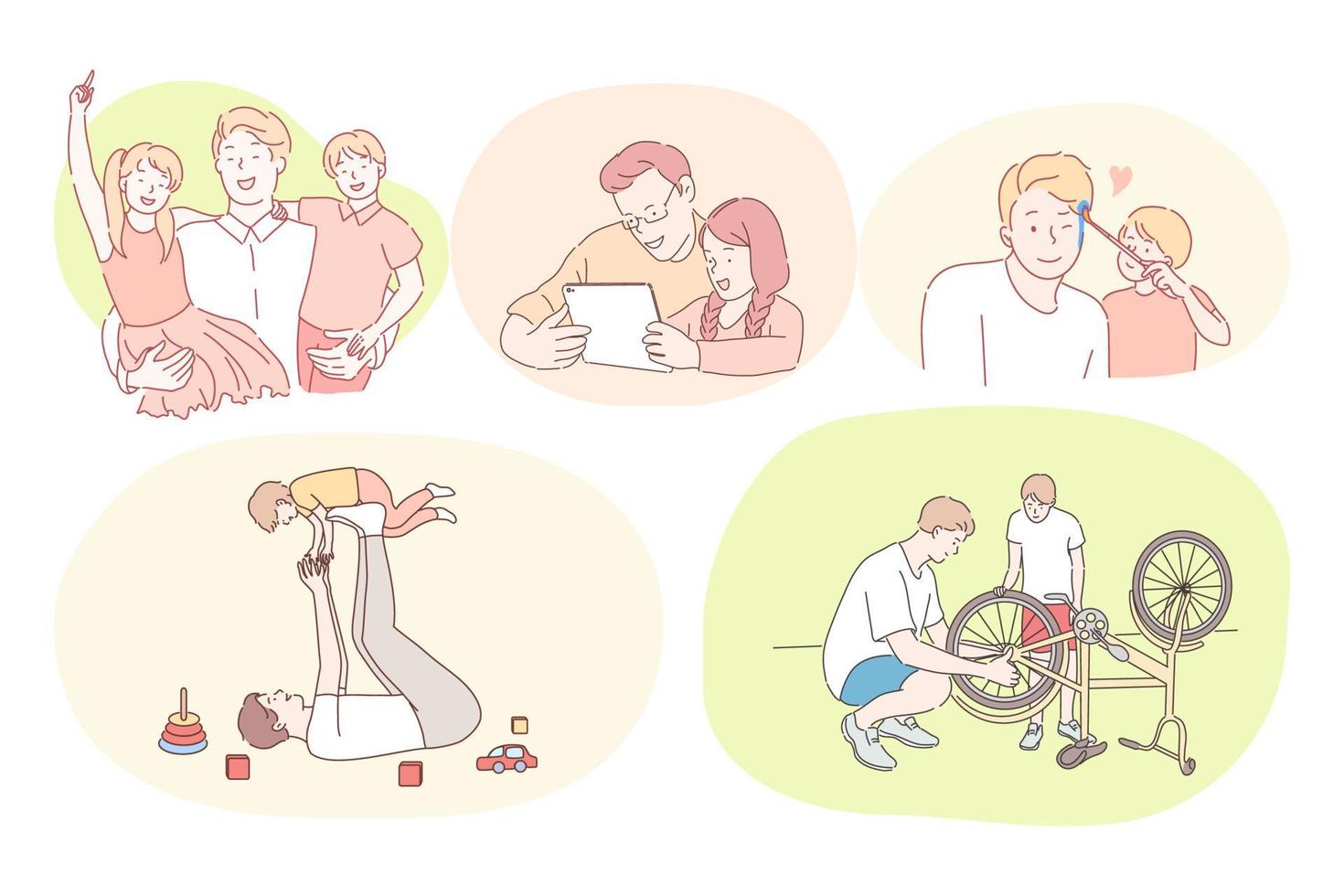 Father and child, fathers day, activities with children concept. Young men fathers playing with kids, watching movies, repairing bicycle, hugging and having fun together at home or outdoors vector