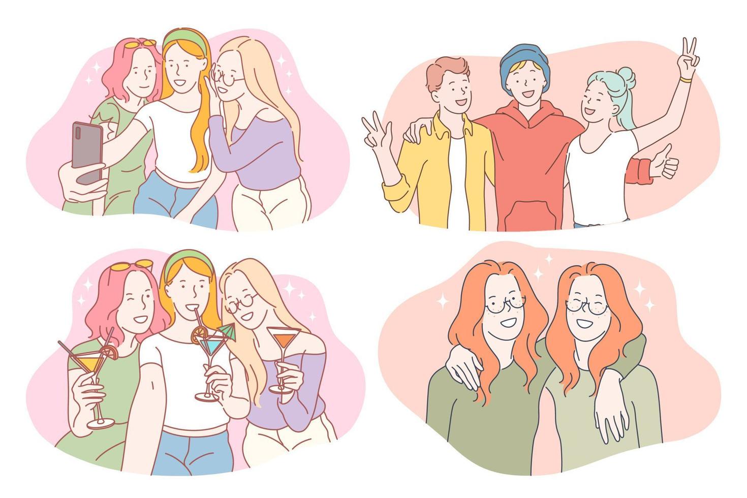 Party, friendship, friends, having fun, celebration, holiday concept. Group of happy smiling people friends teens celebrating holiday, drinking cocktails, making selfie and having fun together vector