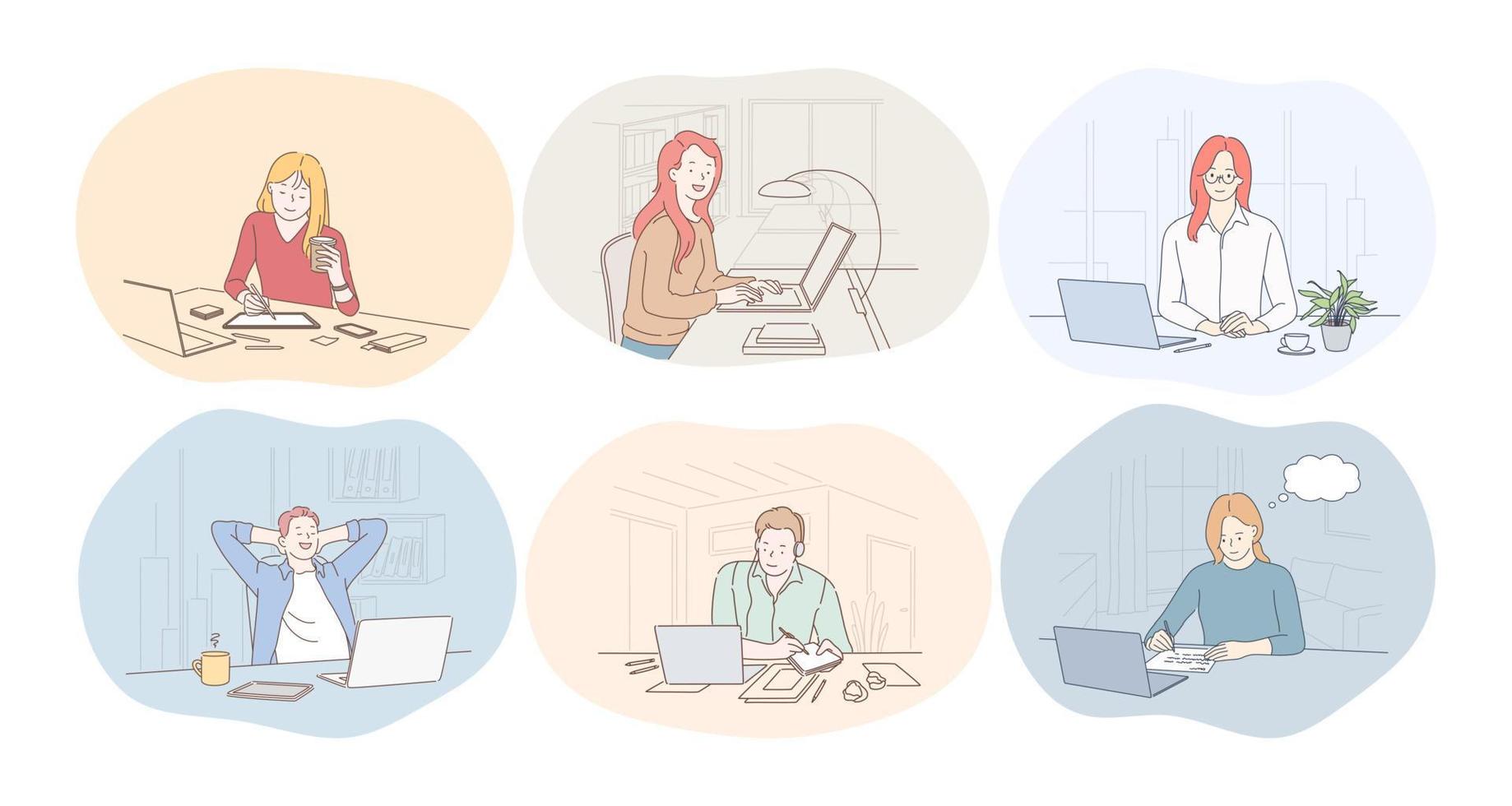 Working in office, laptop, online communication, freelance, startup concept. Young women and men office workers cartoon characters working on notebooks, communicating, generating ideas for business vector