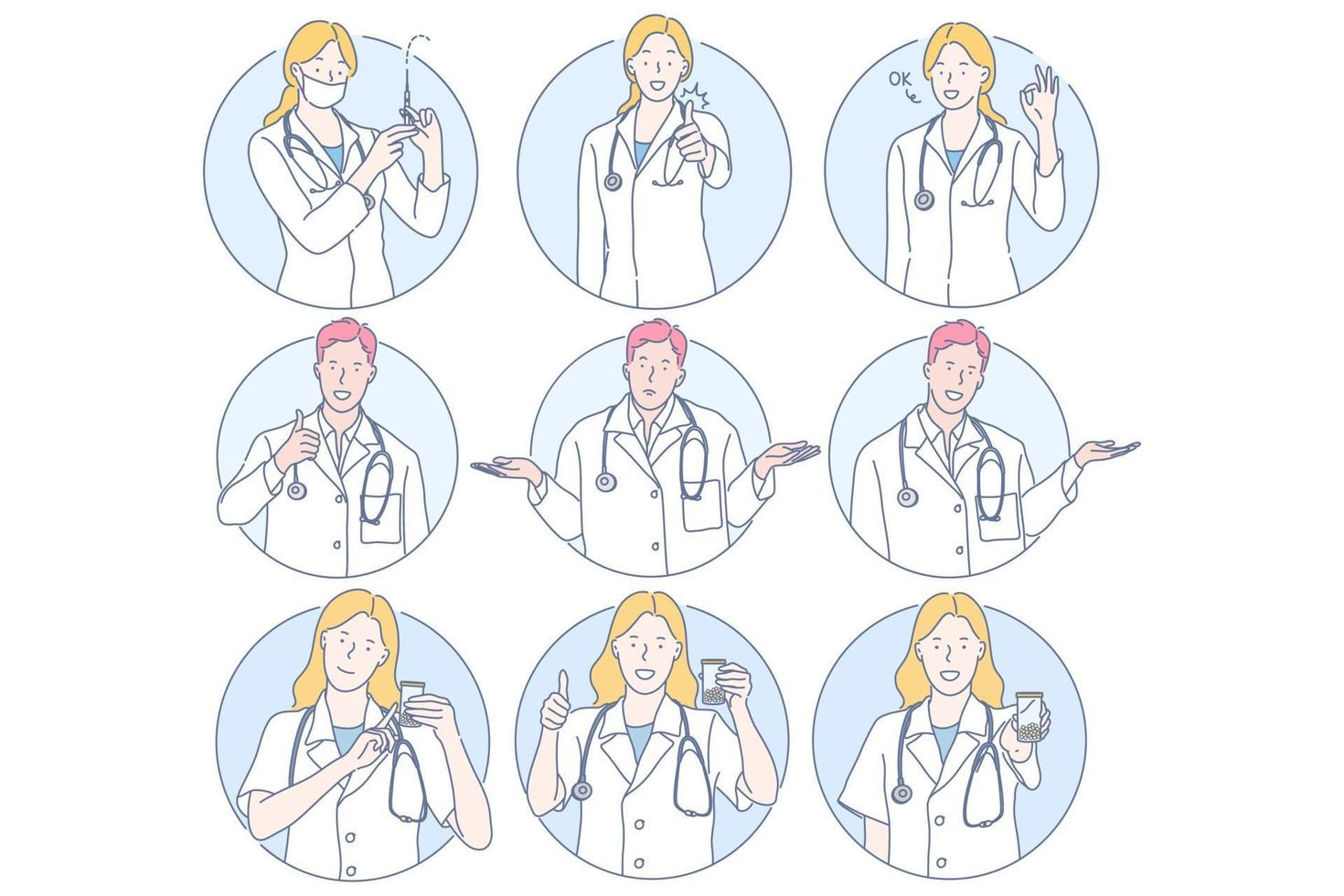 Healthcare, doctor, medicine, injection, medical exam concept. Young men and women doctors cartoon characters showing different sign and gestures with hands, holding syringe and medical exam jar vector