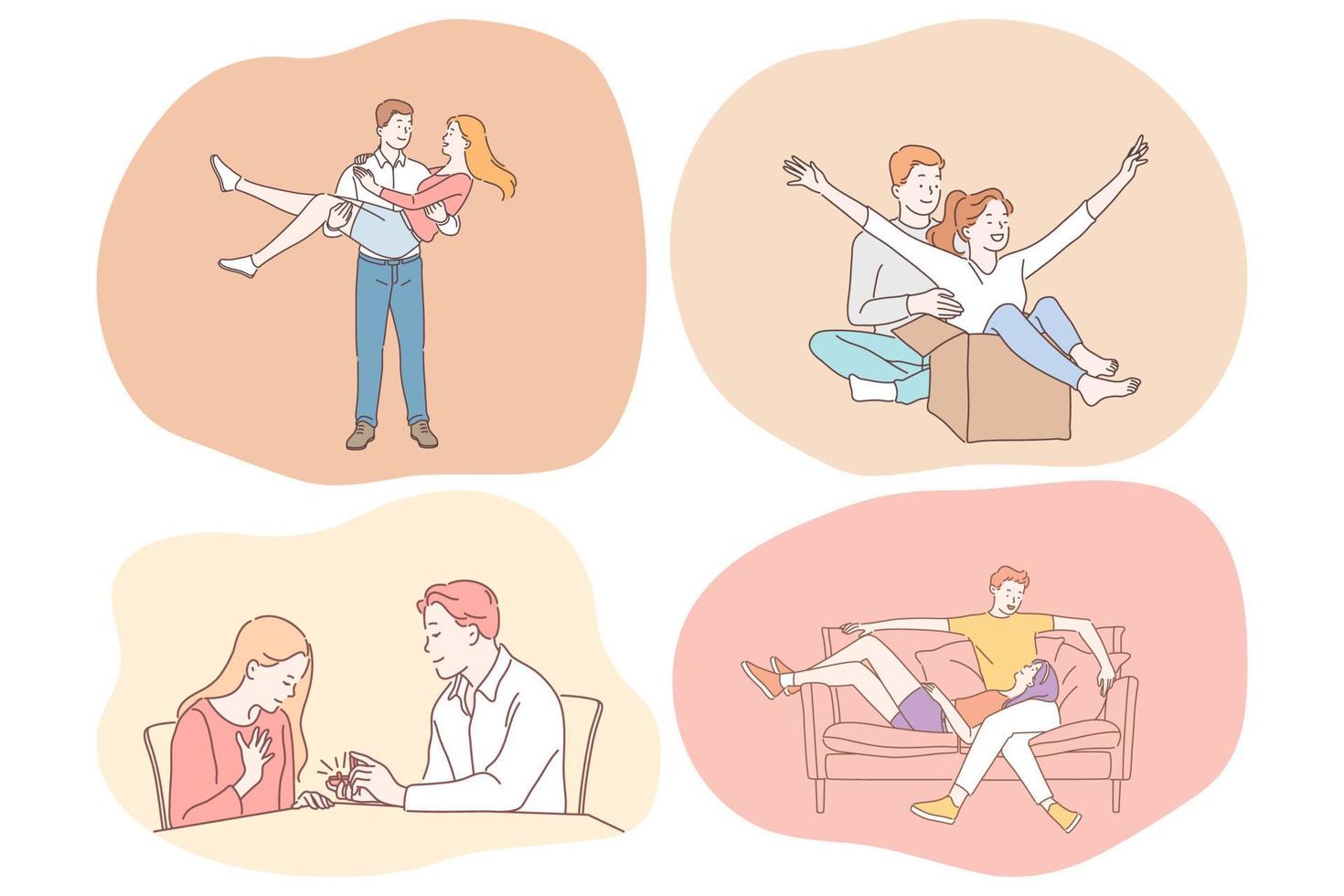 Love, dating, romance, proposal, relationship, togetherness, couple concept. Young loving happy couple cartoon characters having fun, making proposal, enjoying time together and relaxing vector