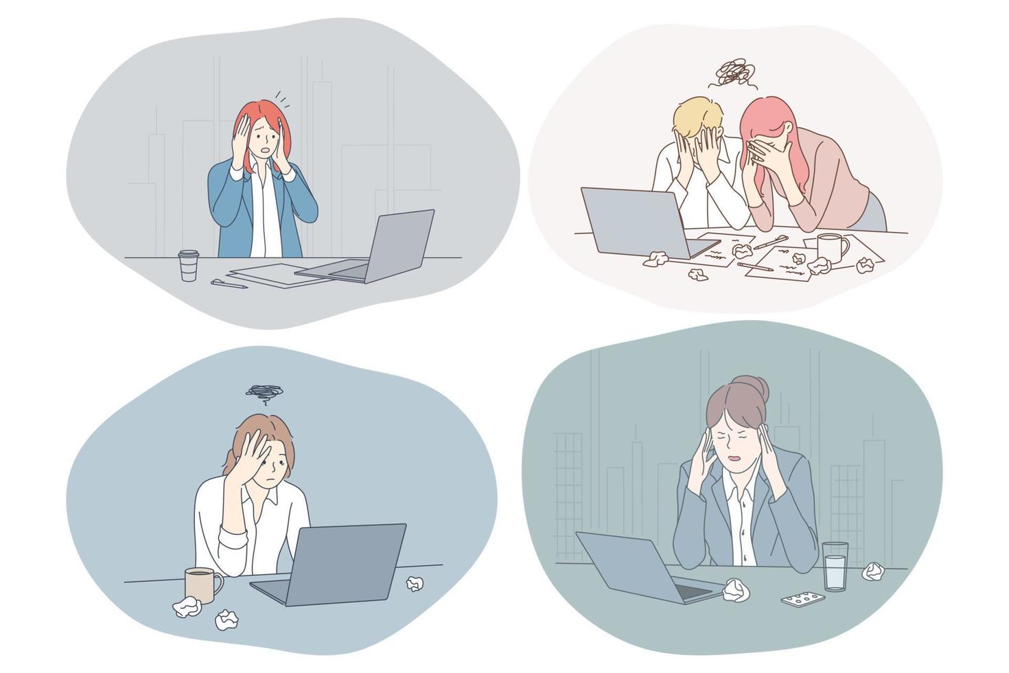 Stress, overwork, exhaustion, depression, overload concept. Unhappy depressed young people office workers sitting in office with laptops and many tasks and feeling stressed and tired illustration vector