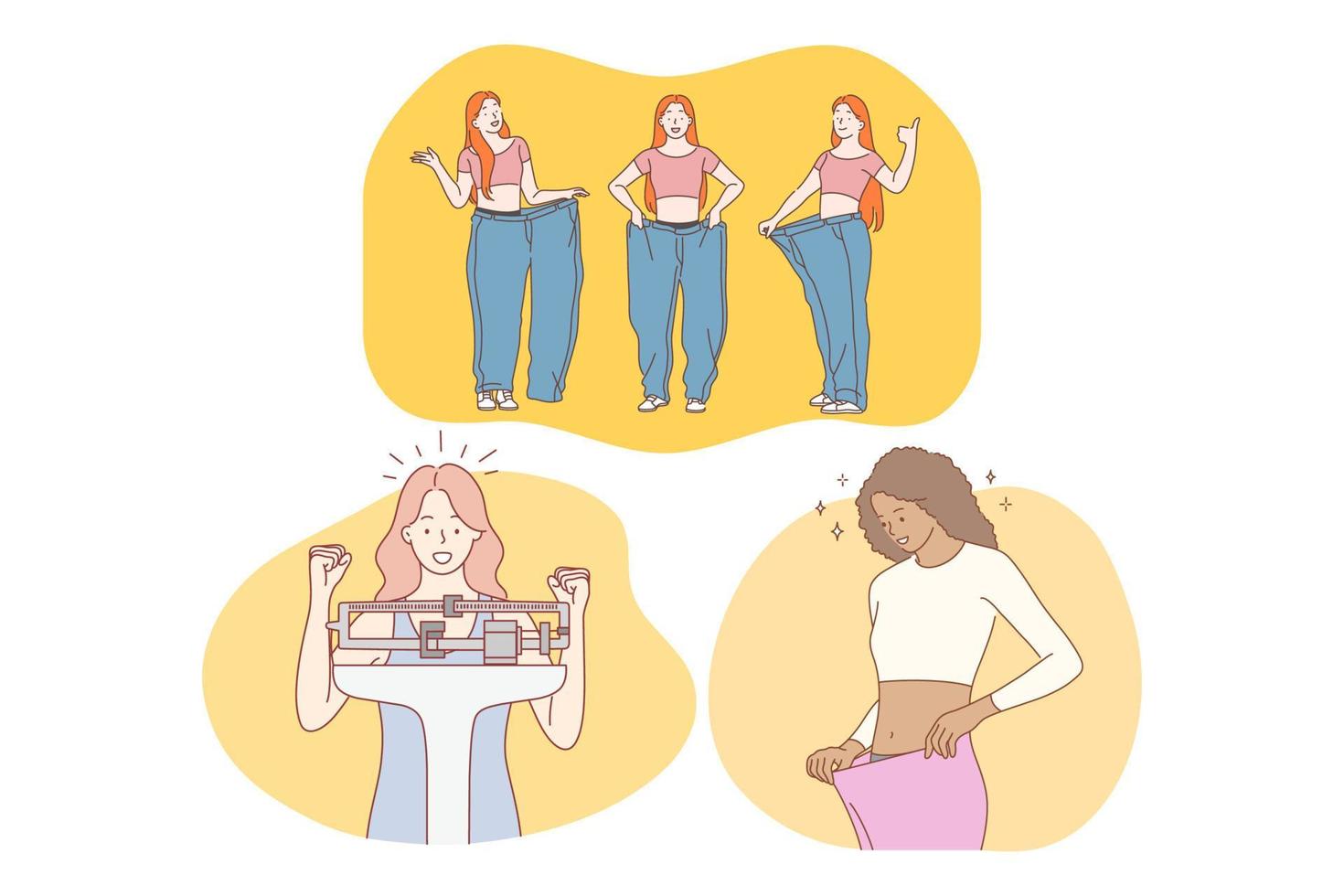 Losing weight, slim, diet, figure, good shape, weight loss, beauty concept. Young positive women cartoon characters feeling happy and glad to feel too slim for clothes and see reducing in weight vector