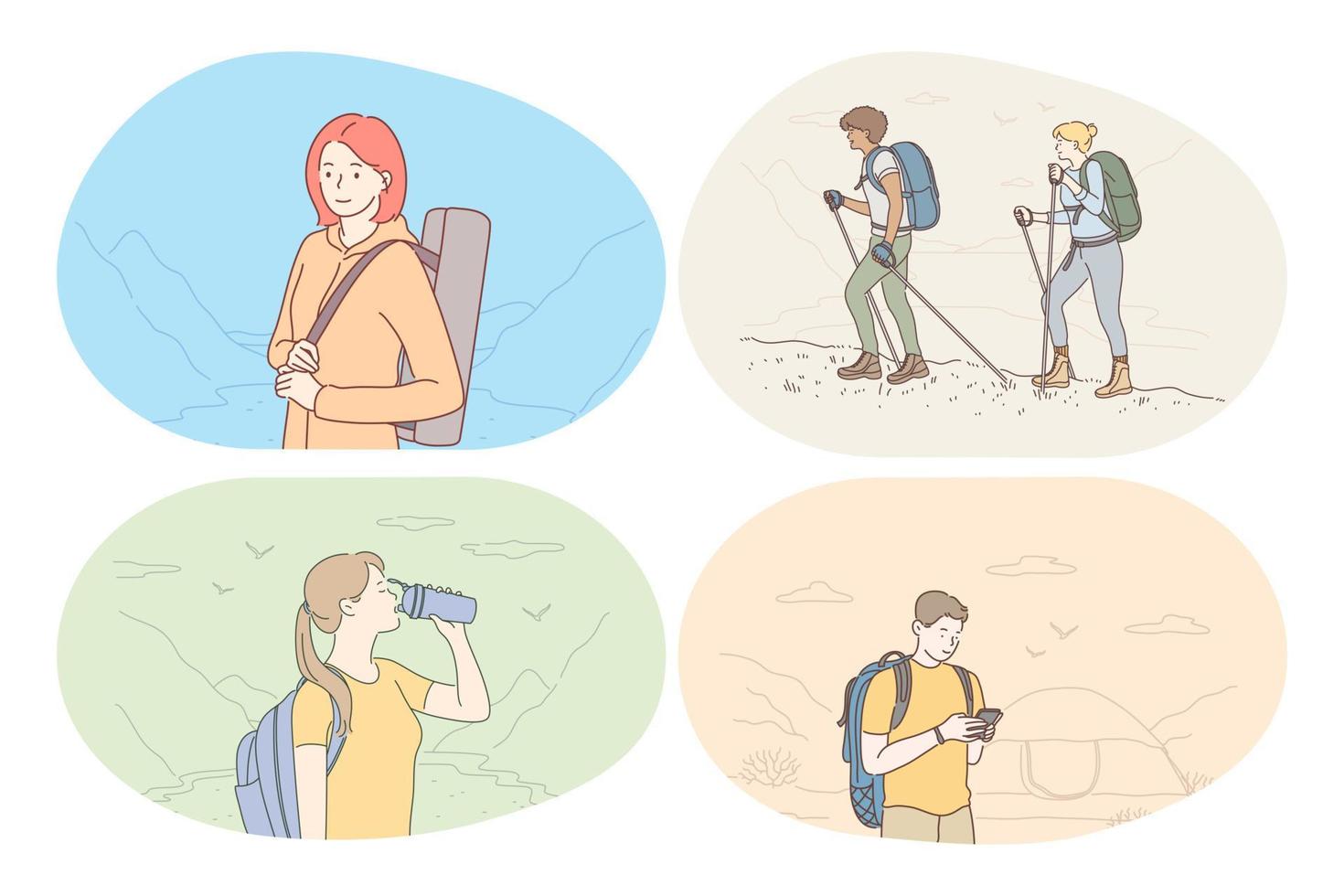 Hiking, tourism, trekking on nature in mountains concept. Young people hikers with backpacks travelling to mountains, orienting on route, drinking water during outdoor vacation. Active sport lifestyle vector