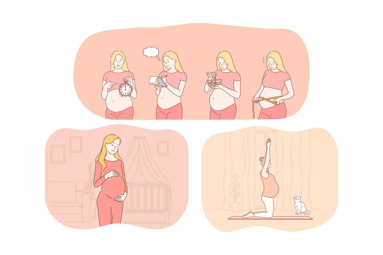 Pregnancy, motherhood, expecting for childbirth and baby concept. Young happy pregnant women cartoon characters measuring belly, relaxing on mat, feeling love and counting days before birth giving day vector