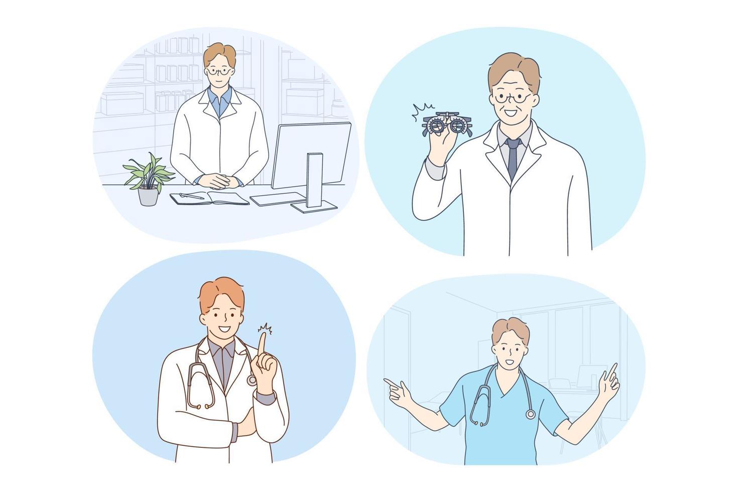 Doctor, medicine, healthcare, therapist, medicare, clinic concept. Young smiling men doctors in white uniform cartoon characters consulting patients, having idea, enjoying work, showing equipment vector