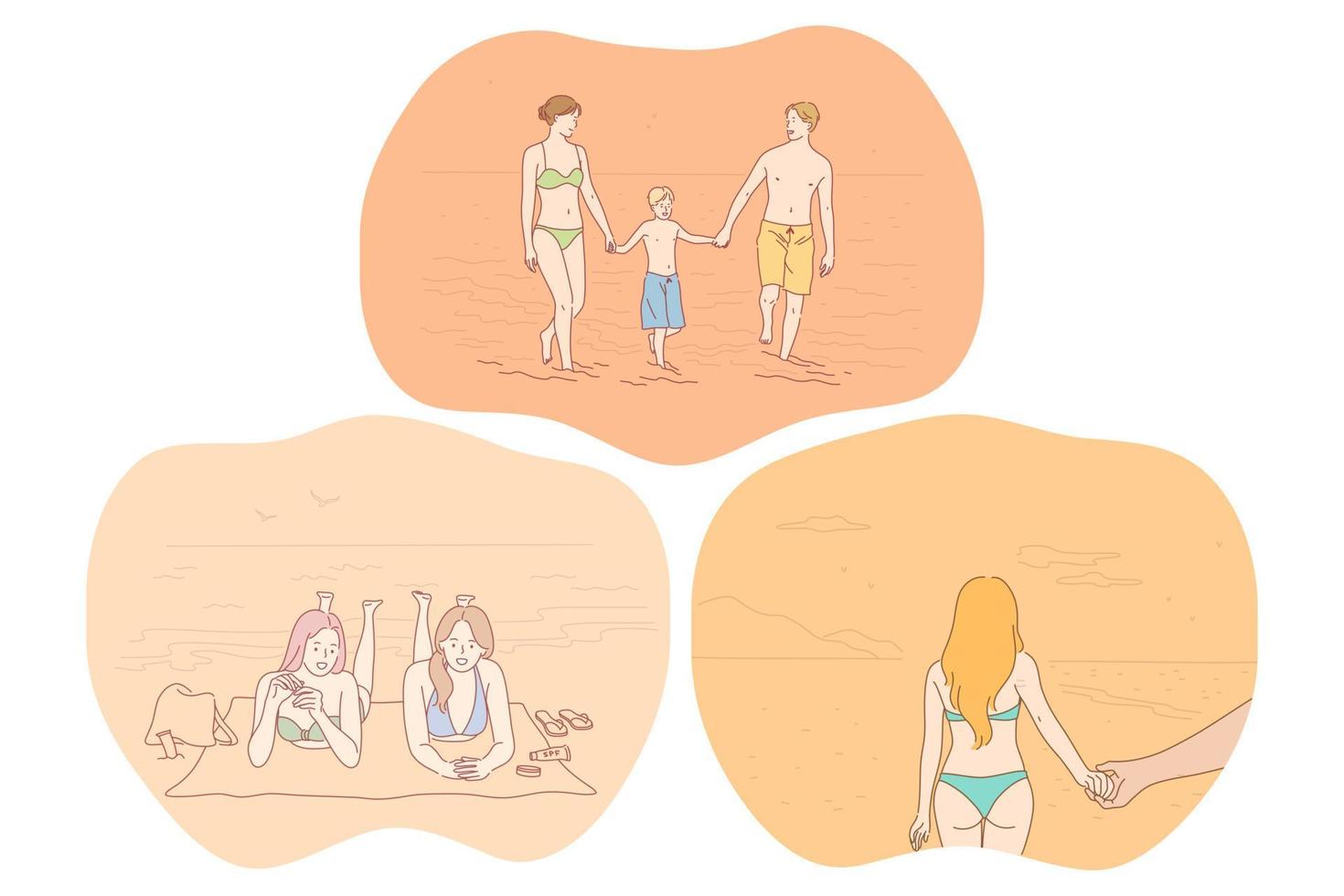 playa, descanso, relax, verano, costa, ocio, concepto de viaje. personajes de dibujos animados de personas que viajan con la familia en el mar, tomando el sol en la arena, usando bikini en la playa, disfrutando del verano. turismo, vacaciones vector