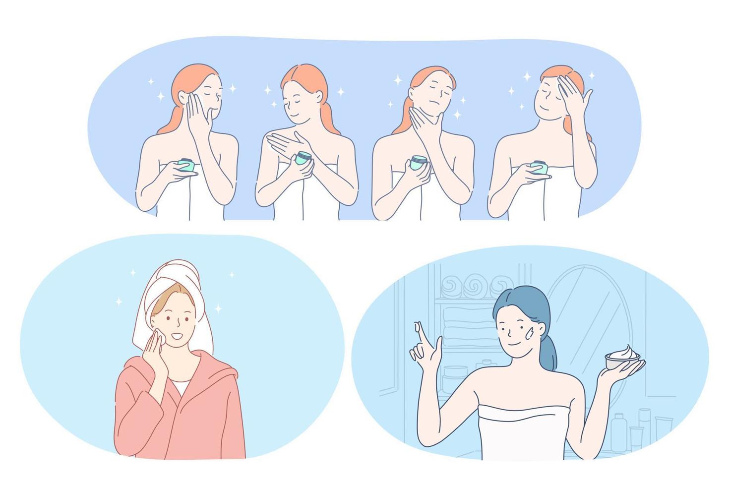 belleza, cosmética, maquillaje, cuidado de la piel, concepto de bienestar. jóvenes personajes de dibujos animados de mujeres sonrientes que usan crema facial, loción, peeling, mascarilla facial y humectante para el uso diario. dermatología, cosmetología vector