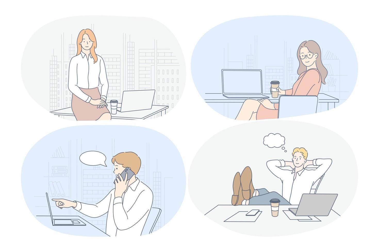 Working in office, laptop, modern company interior, startup, online communication concept. Young woman and man cartoon characters sitting on workplace, working on notebooks, communicating, thinking vector