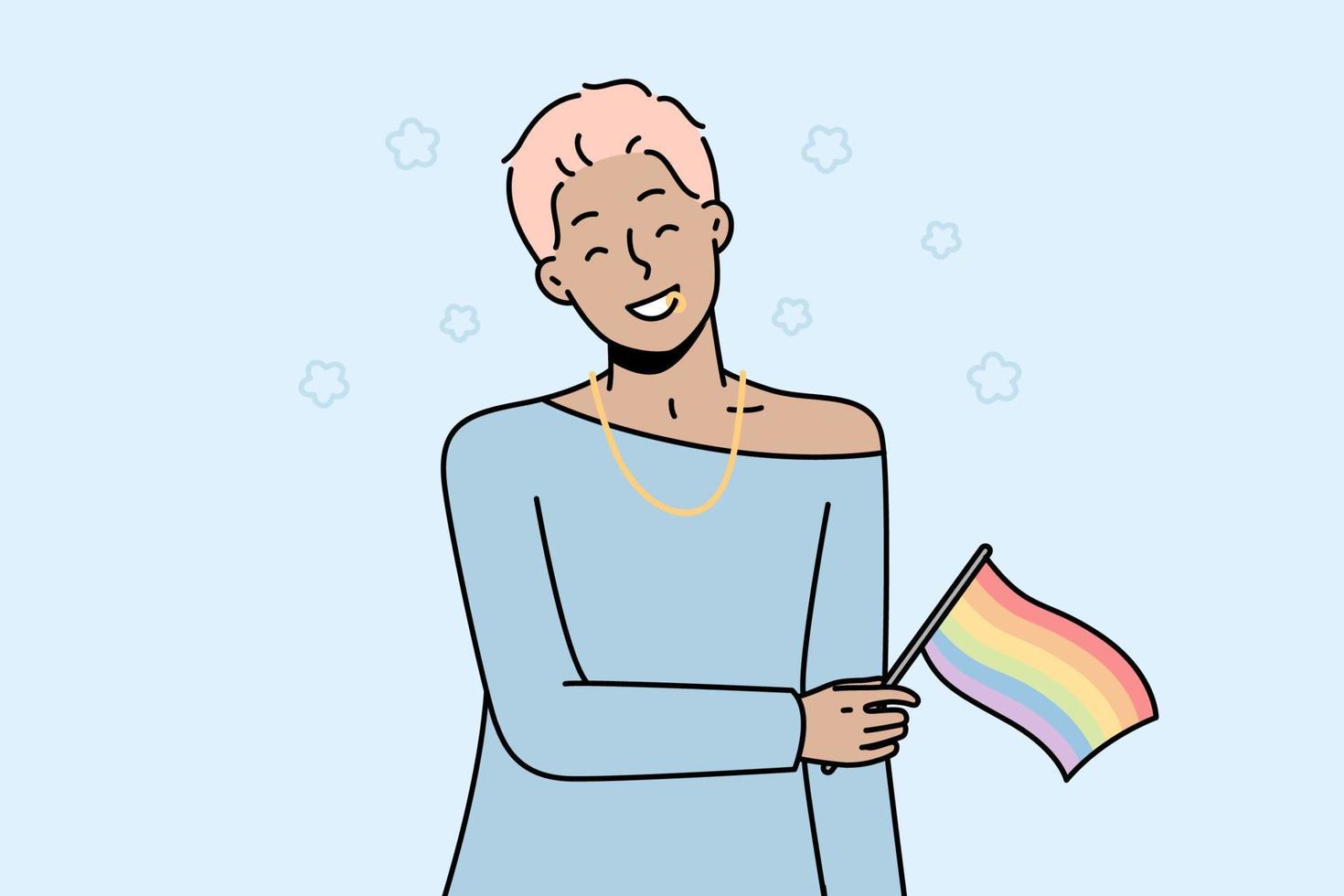 Smiling woman hold LGBT flag support social minorities. Happy girl with LGBTQ symbol in hands stand for freedom and human rights. Homosexuality. Vector illustration.