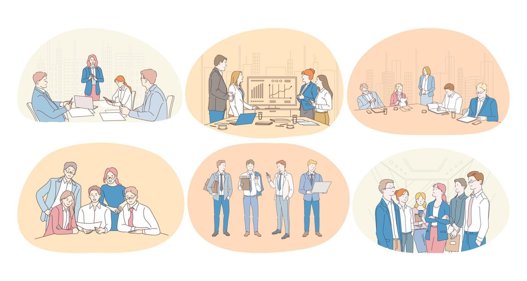 Teamwork, coaching, negotiations, finance, marketing, finance, development, communication concept. Business people office workers discussing projects collaborating making presentations and couching vector