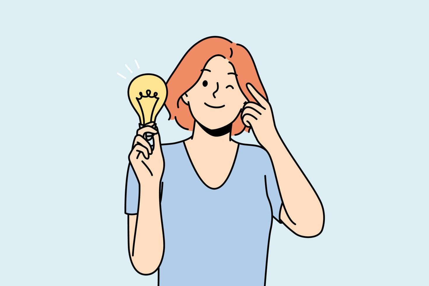 Smiling young woman with lightbulb in hand develop creative idea. Happy female with light bulb generate business thought or strategy. Innovation concept. Vector illustration.