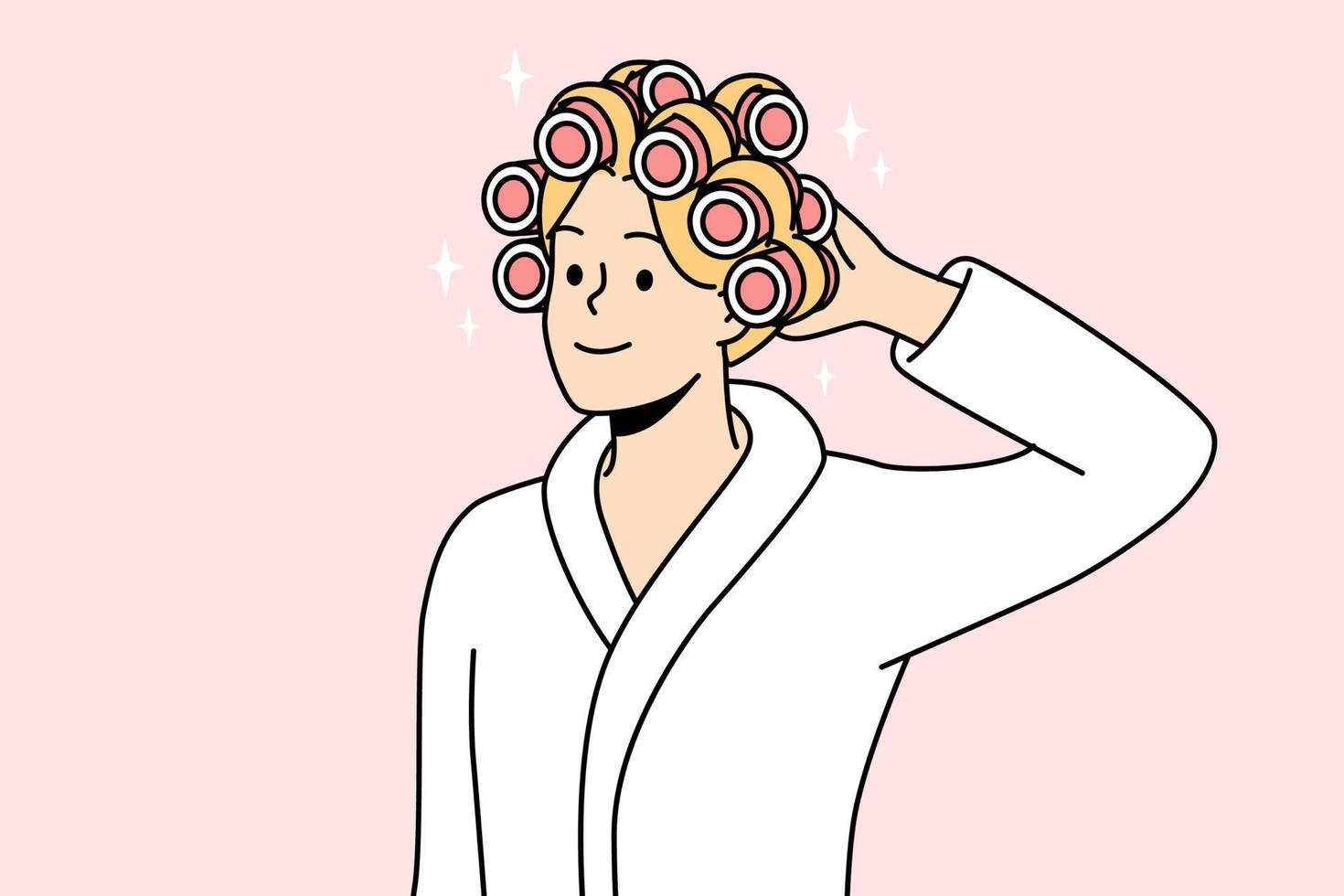 Smiling young woman in bathrobe and curlers on head getting ready. Happy female do beauty procedures at home. Vector illustration.