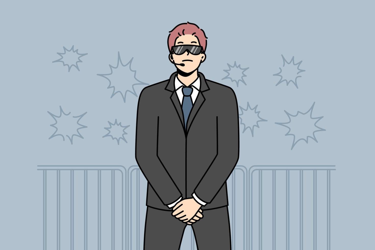 Male security in black suit and sunglasses at concert. Man guard in front of crowd at performance on stage. Vector illustration.