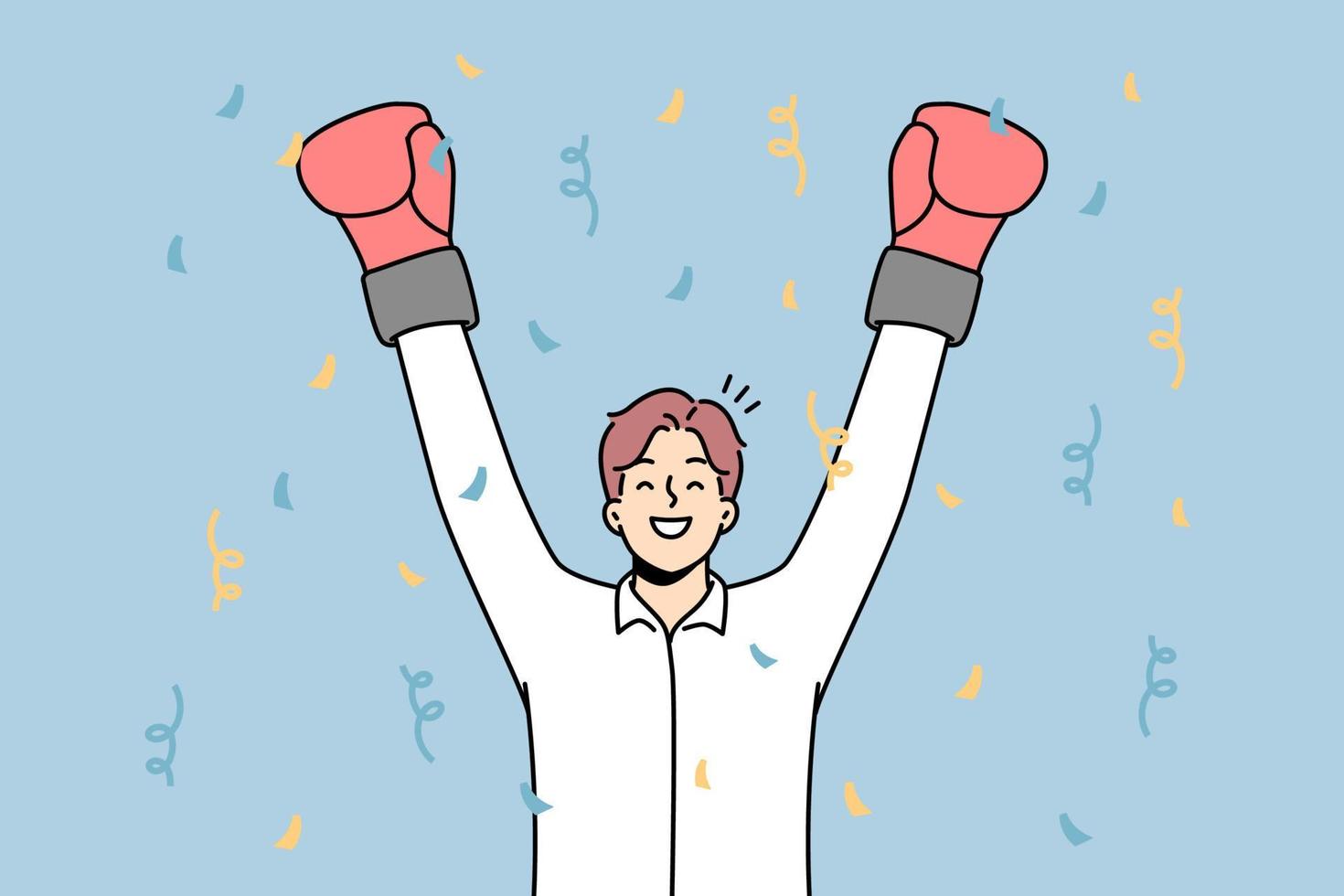 Overjoyed businessman in boxing gloves celebrate business success or win. Smiling male employee or worker triumph with victory. Vector illustration.