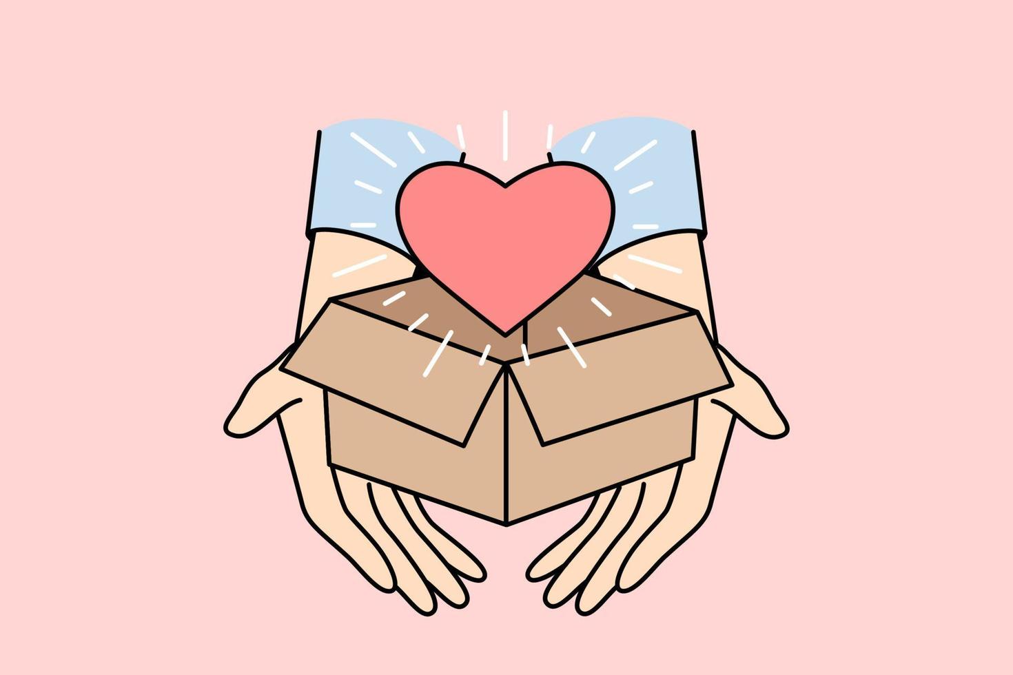 Closeup of person holding box with heart. Hands with parcel with love symbol inside share gratitude and care feeling grateful and thankful. Charity concept. Vector illustration.