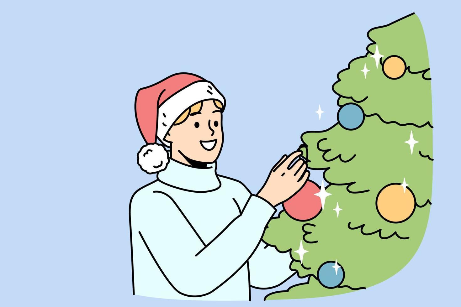 Smiling young man in Santa hat decorate Christmas tree with colorful balls. Happy guy have fun with fir-tree decoration at home celebrate New Year. Vector illustration.