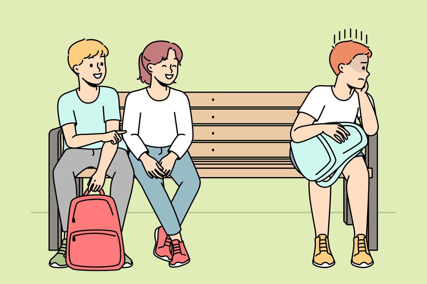 Rude children make fun of lonely boy kid. Schoolchildren bullying child sitting separate on bench. School mockery and discrimination. Vector illustration.