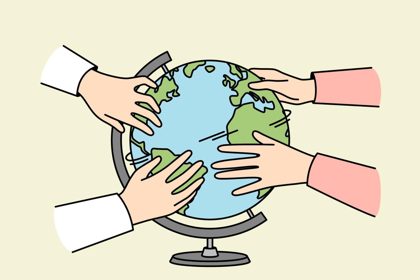 Diverse people touch globe interested in geography. Hands turn planet Earth sphere. Environment conservation and education. Vector illustration.