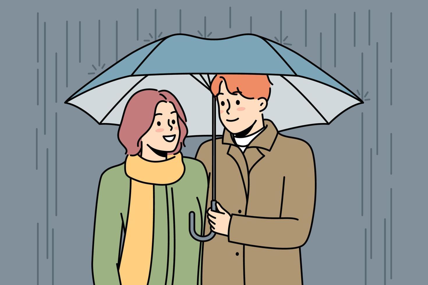 Happy couple walking under umbrella in rain. Smiling man and woman enjoy date outdoors in rainy weather. Relationships concept. Vector illustration.